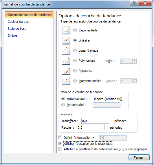 Options de la courbe de tendance